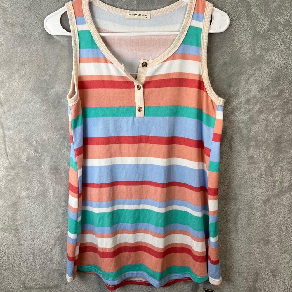 Twenty Second Womens S‎ Striped Henley Tank Coastal Boho Layering Beachwear Soft